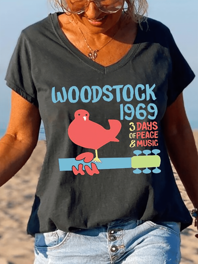 Hippie Music Festival Bird Printed V-neck T-shirt