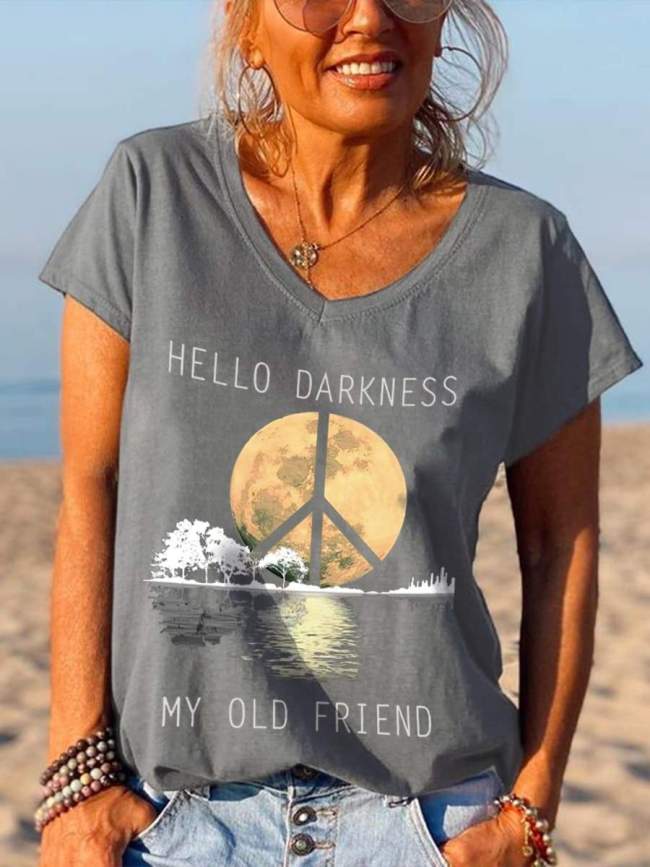 Hello Darkness My Old Friend Peace Logo Print Casual T-shirt