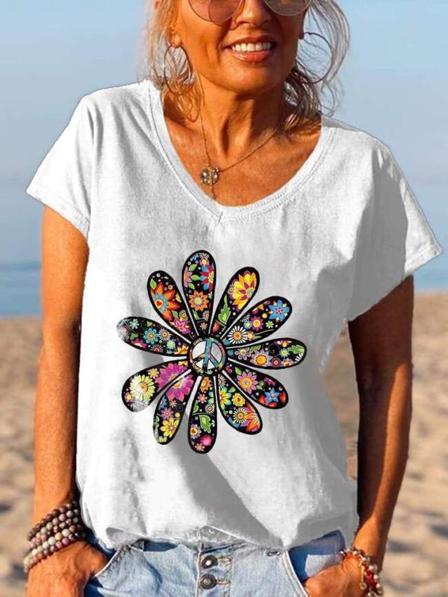 Peace Floral Print Women’s V-neck Tees