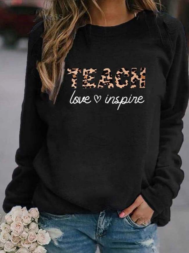 Teach Love Inspire Leopard Print Simple Style Crew Neck Sweatshirt