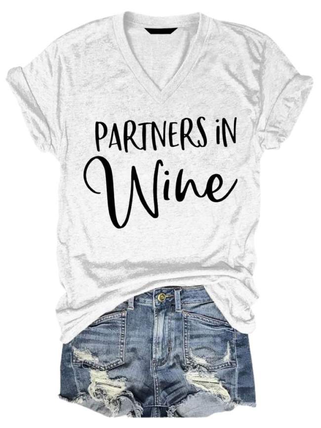 Partners In Wine V-neck Tee Top Women Letter Print T-shirt