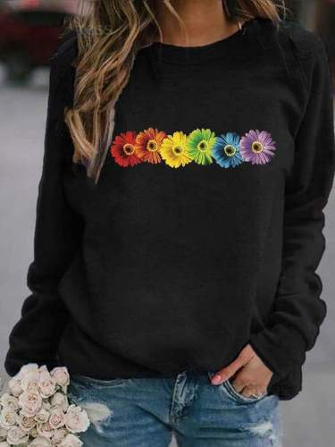 Rainbow Sunflower Print Simple Style Crew Neck Sweatshirt