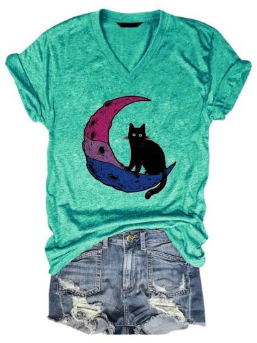 Bi Rainbow Moon Space Cat Print Tee Top