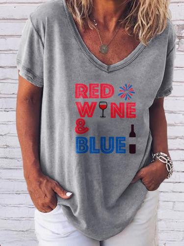 Red Wine And Blue Tee Women American Flag Printed T-shirt Top