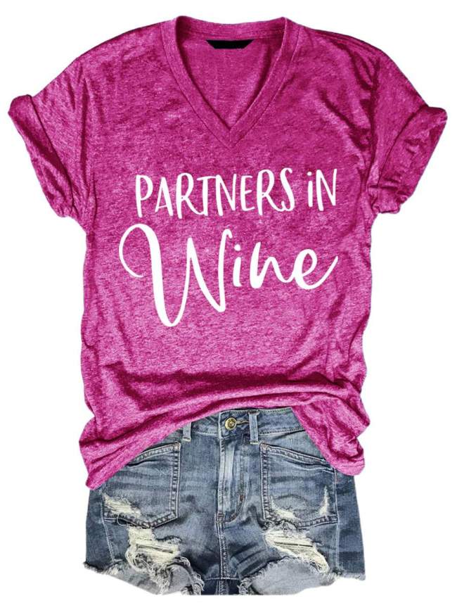 Partners In Wine V-neck Tee Top Women Letter Print T-shirt