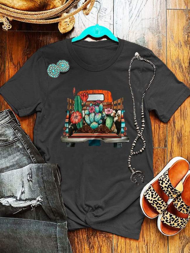 Truck And Cacti Western Style Tee