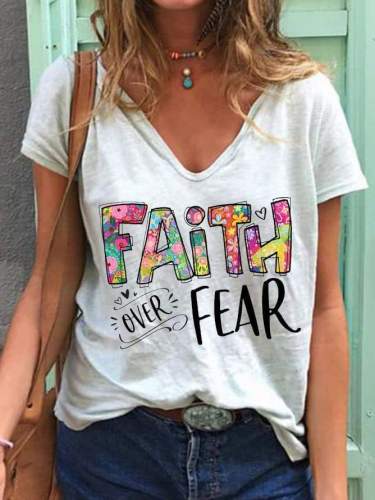 Faith Over Fear V-neck Tee Top Women Letter Print T-shirt