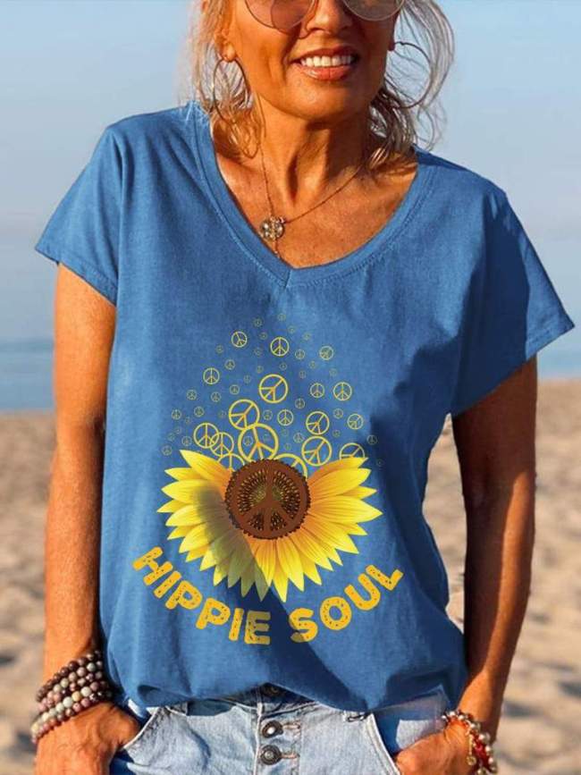 Hippie Soul Sunflowers Peace Logo Print V-Neck Tees