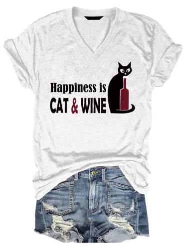 Happiness Is Cat And Wine V-Neck T-Shirt