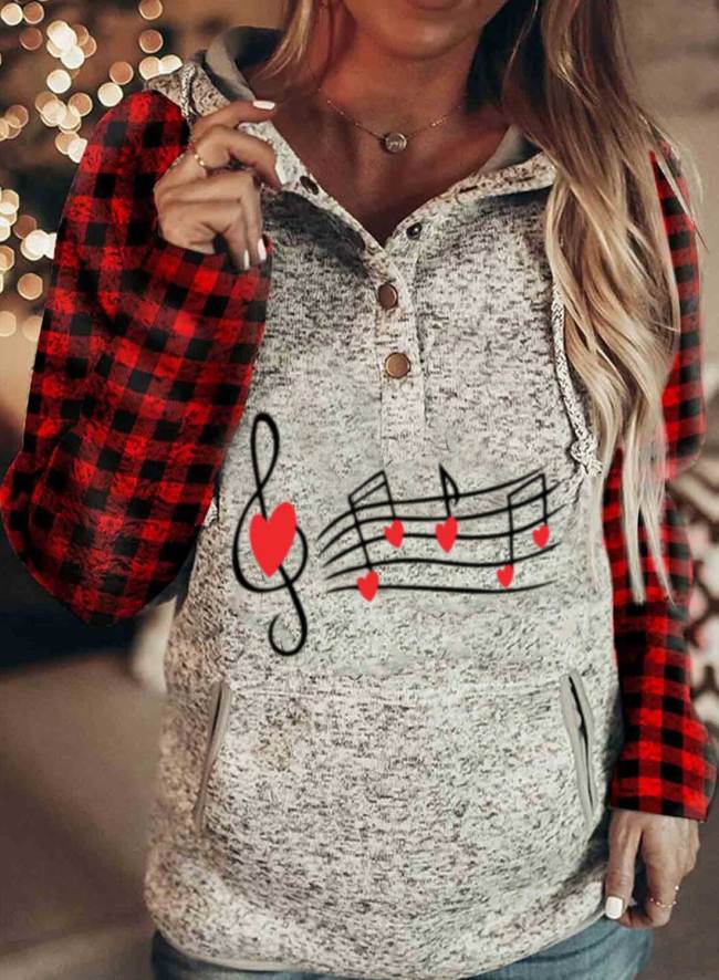 Women's Hoodies Musical Notes Plaid Color-block Letter Print Long Sleeve Casual Button Pocket Hoodie