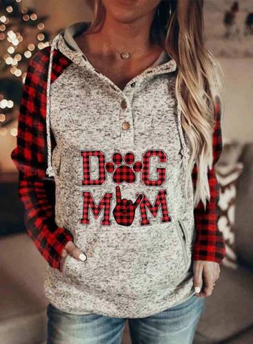 Women's Dog Mom Hoodies Drawstring Long Sleeve Color Block Plaid Button Dog Lover Gifts Hoodies With Pockets