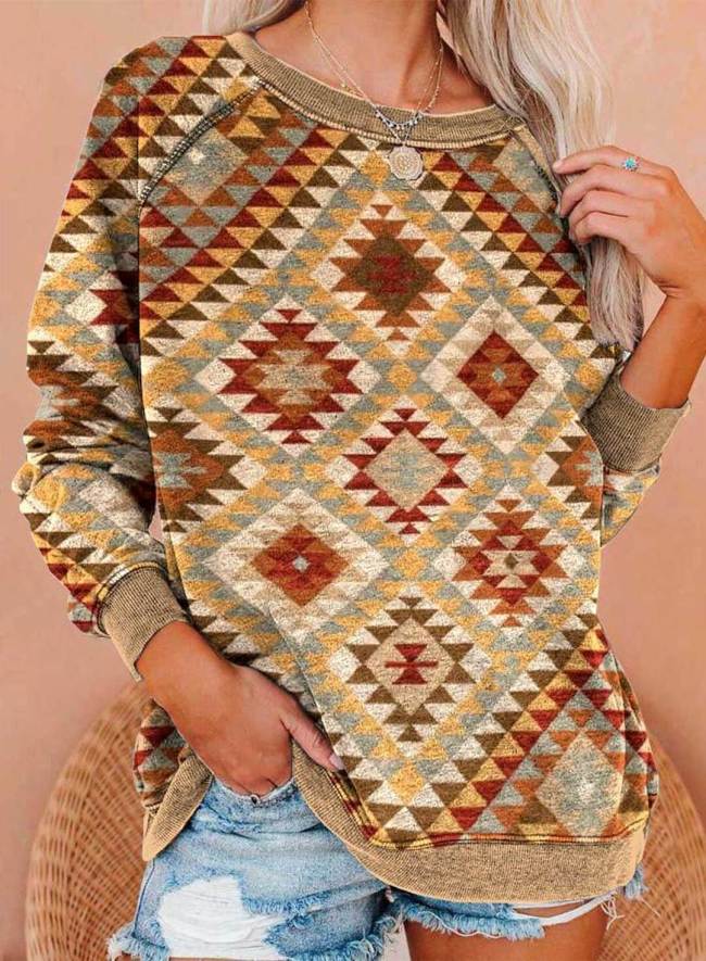Women's Ethnic Style Aztec Pattern Sweatshirts Round Neck Long Sleeve Geometric Color Block Daily Casual Sweatshirts