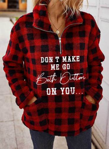 Letter Don't Make Me Go Beth Dutton on You Print Women's Sweatshirts Stand Neck Long Sleeve Plaid Letter Winter Sweatshirts With Pockets