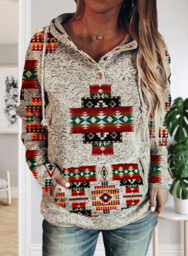 Women's Ethnic Style Aztec Pattern Hoodies Geometric Long Sleeve Daily Button Pocket Drawstring Hoodie