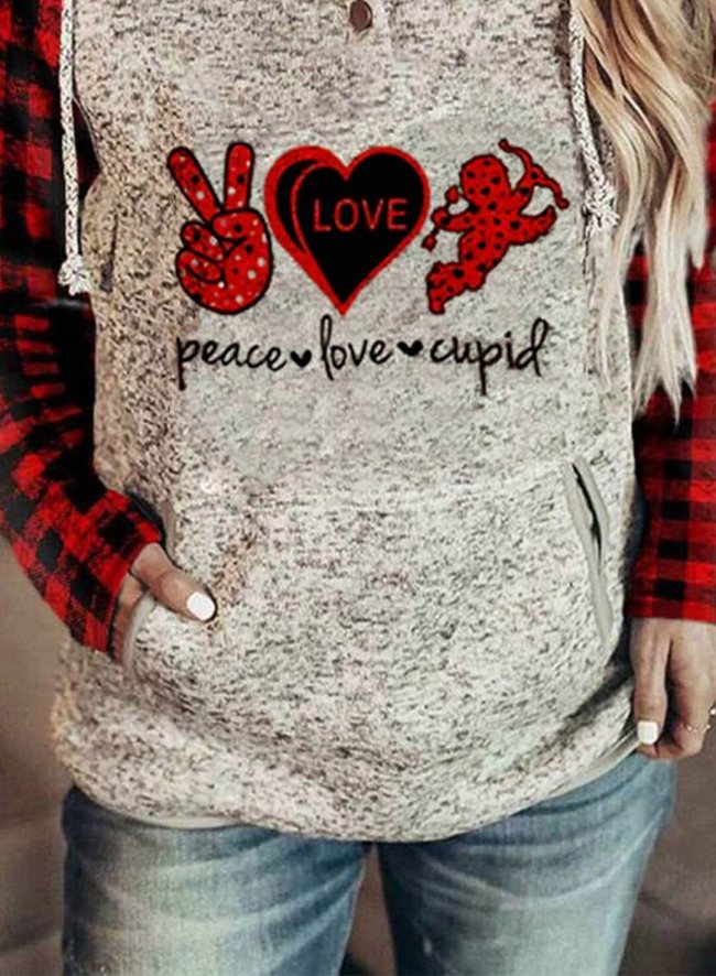 Women's Peace Love  Cupid Valentines Hoodies Plaid Letter Casual Color Block Drawstring Long Sleeve Pocket Daily Hoodies