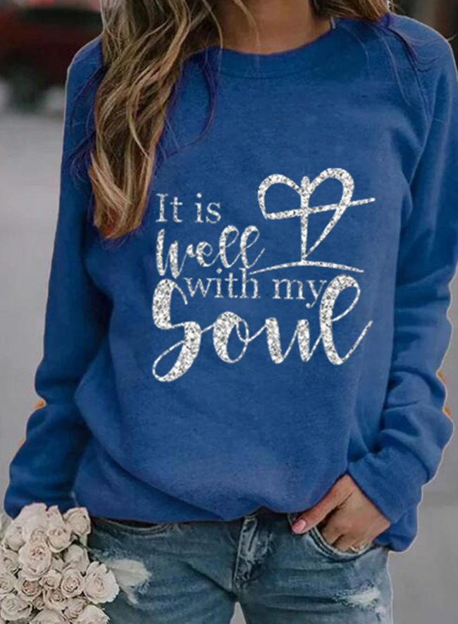 It Is Well With My Soul Women's Sweatshirts Sequins Letter Print Long Sleeve Round Neck Casual Basic Sweatshirt