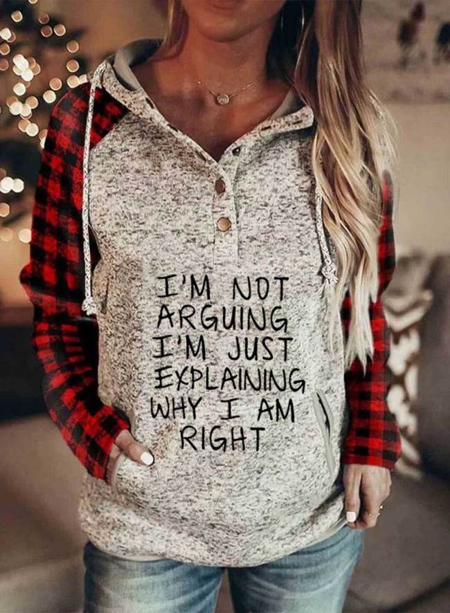 Women's Hoodies Drawstring Long Sleeve Plaid Button Letter Casual Daily Hoodies With Pockets