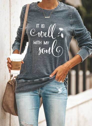 Women's It Is Well With My Soul Sweatshirts Round Neck Long Sleeve Letter Solid Casual Daily Sweatshirts