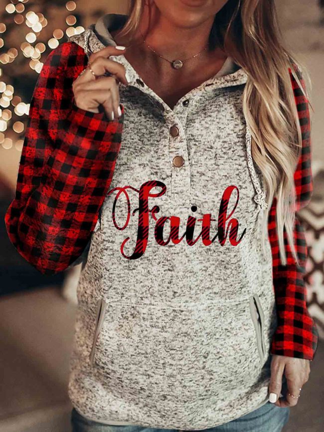 Women's Faith Printed Plaid Sleeve Hoodie