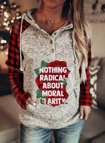 Women's Nothing Radical About Moral Clarity & Rose Print Hoodies Drawstring Long Sleeve Button Floral Plaid Hoodies With Pockets