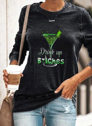 Women's St Patrick's Day Sweatshirts Drink up Bitches Round Neck Long Sleeve Spring Casual Daily Sweatshirts