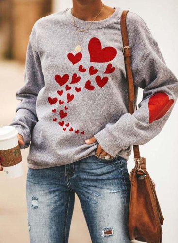 Women's Sweatshirts Heart-shaped Print Long Sleeve Round Neck Casual Sweatshirt