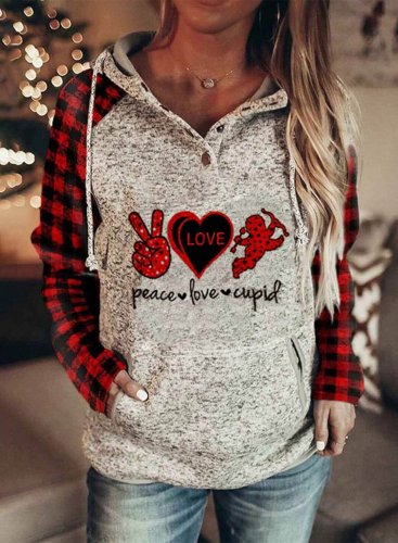 Women's Peace Love  Cupid Valentines Hoodies Plaid Letter Casual Color Block Drawstring Long Sleeve Pocket Daily Hoodies