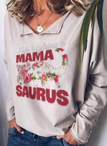 Women's Mama Saurus Sweatshirts Floral V Neck Long Sleeve Sweatshirts