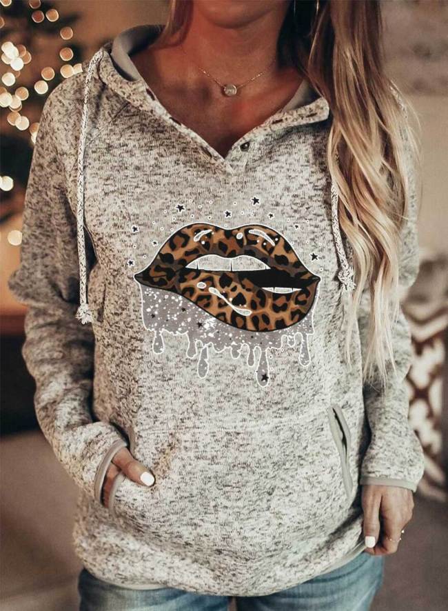 Women's Hoodies Leopard Lips Long Sleeve Daily Pocket Drawstring Hoodie