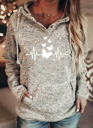 Women's Hoodies Butterfly Long Sleeve Casual Button Pocket Drawstring Hoodie