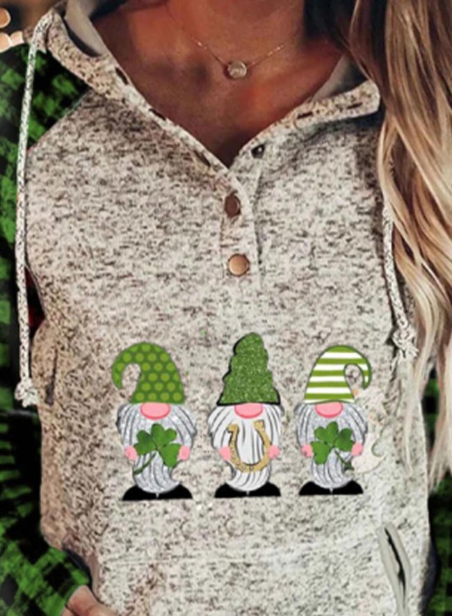 Women's St. Patrick's Day Hoodies Drawstring Plaid Button Long Sleeve Color Block Pocket Hoodies