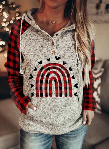 Women's Hoodies Drawstring Long Sleeve Button Plaid Casual Hoodies With Pockets