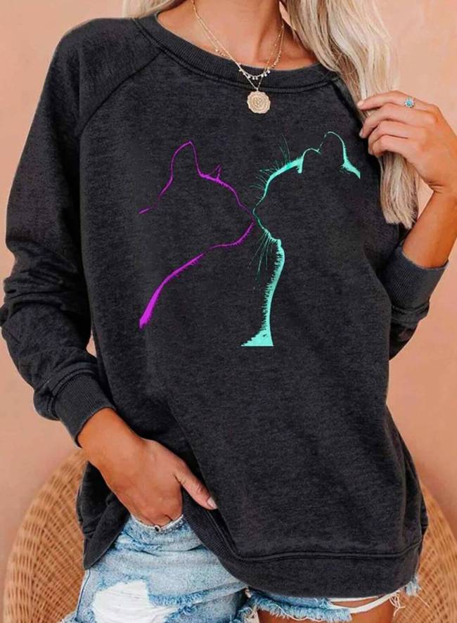 Women's Sweatshirts Round Neck Long Sleeve Solid Color Block Cat Print Casual Daily Sweatshirts