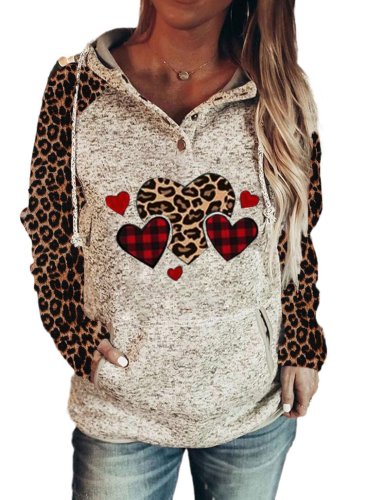Women's Hoodies Drawstring Long Sleeve Button Leopard Love-shaped Casual Hoodies With Pockets