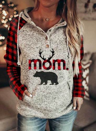 Women's Hoodies Drawstring Long Sleeve Color Block Plaid Mom Letter Bear Print Casual Hoodies With Pockets