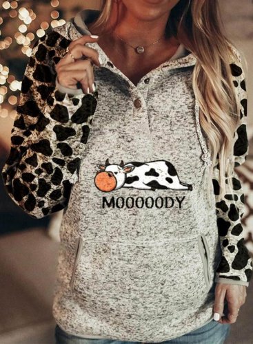 Women's Moody Cow Print Casual Pocket Hoodie