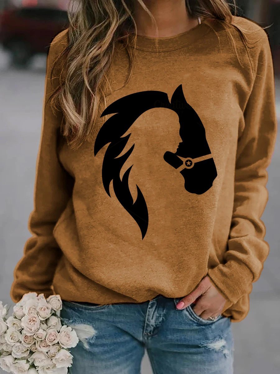 Shop Girl And Horse Print Long Sleeve Sweatshirt Zicopop