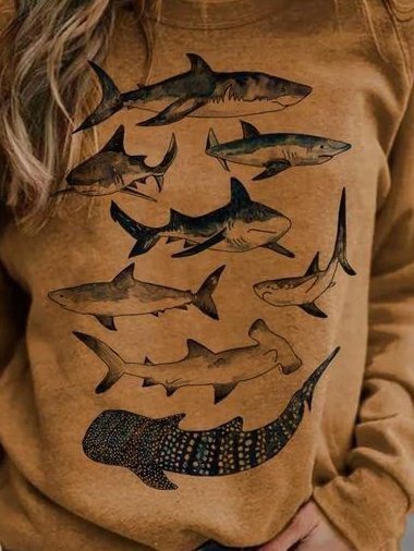Cotton Shark Printed Long Sleeve Sweatshirt