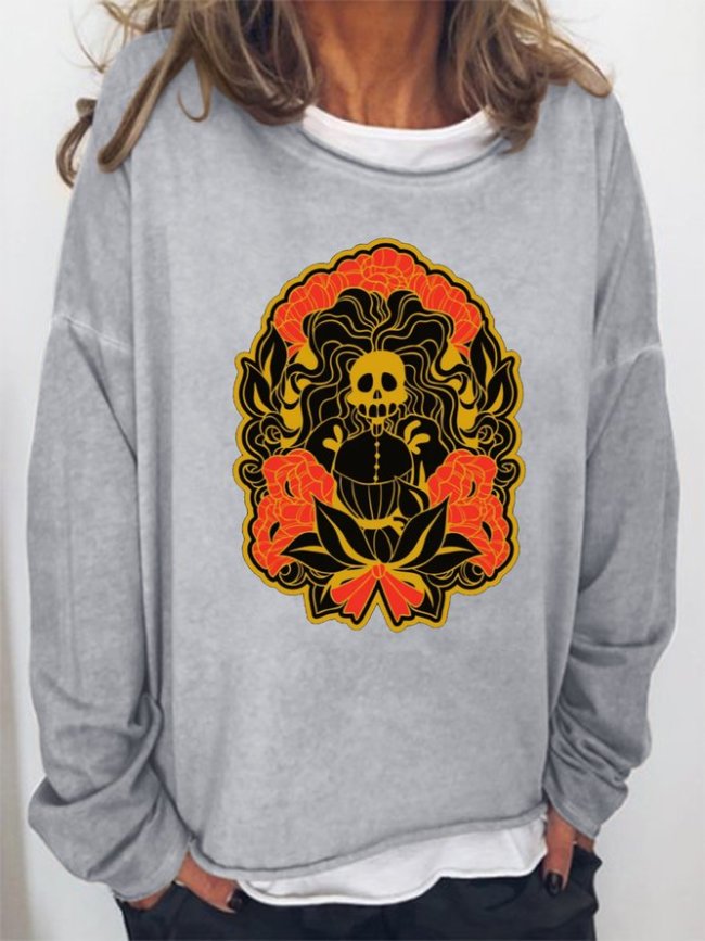 Casual and simple Halloween skull printed round neck long-sleeved cotton-blend sweatshirt