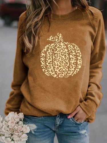 Halloween Pumpkin Print Ladies Round Neck Sweatshirt