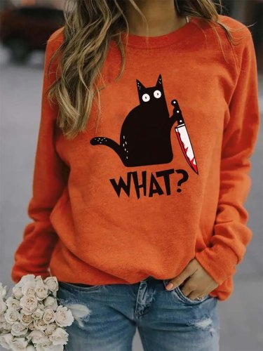 Halloween Funny Murderous Cat Print Casual Sweatshirt