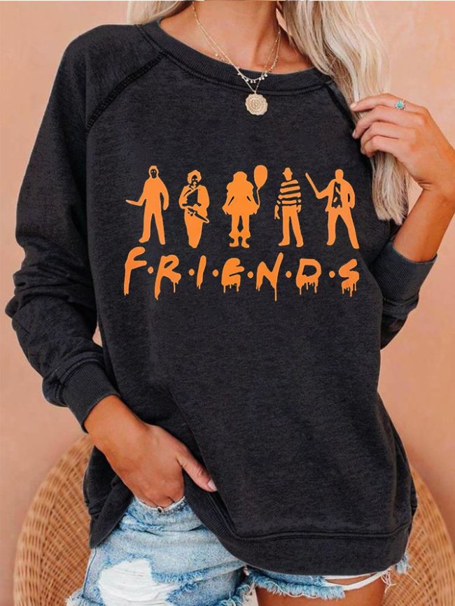 Halloween Friends Fun Pattern Ladies Crew Neck Pullover