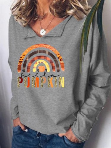 Casual and simple Halloween pumpkin print notched neck long-sleeved cotton blend top