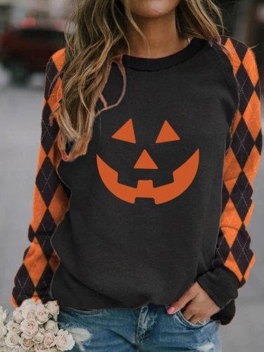 Graphic Halloween Pumpkin Argyle Check Patchwork Sweatshirt