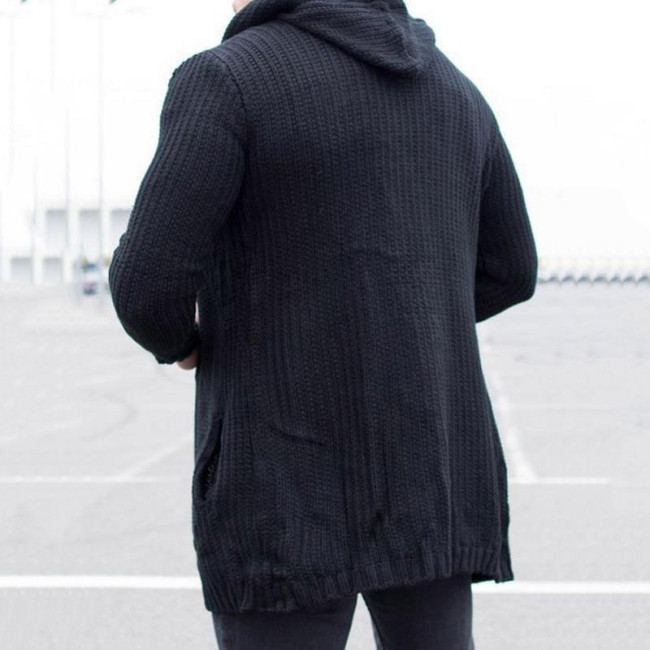 Hooded Plain Mid-Length European Men's Sweater