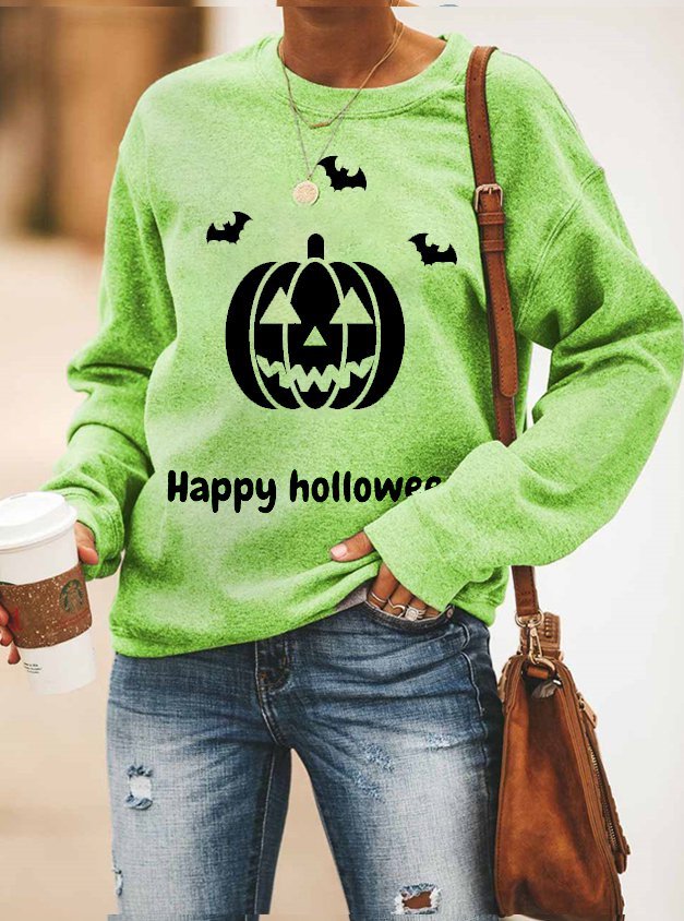 Happy Holloween Pumpkin Print Crew Neck Women Pullover & Sweatshirt
