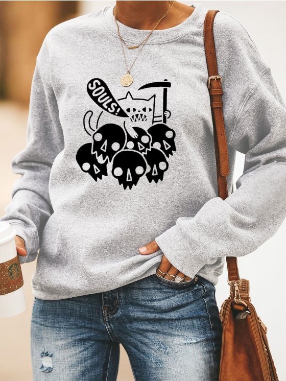 Casual personality Halloween skull print round neck long-sleeved polyester cotton sweatshirt