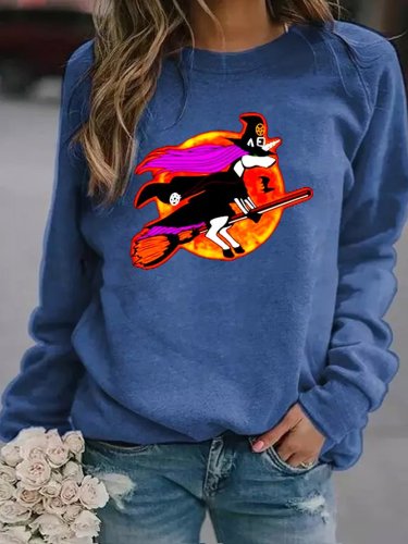 Unicorn Witch Riding Broom Moon And Bat Halloween Women's Long Sleeve Sweatshirt