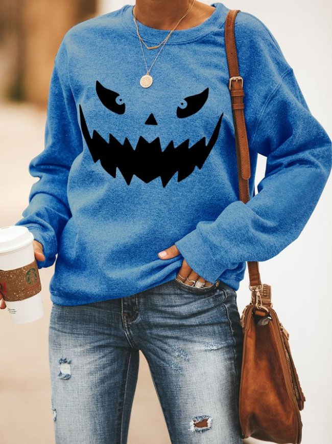 Pumpkin Face Halloween Long Sleeve Casual Cotton-Blend Sweatshirt