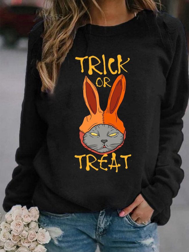 Trick or Treat Holloween Cat Print Women sweater